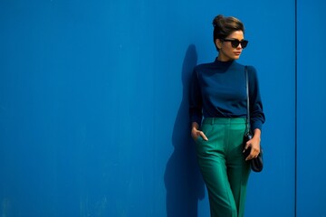 A chic silhouette in a bold royal blue outfit, standing confidently in front of a sleek emerald green wall.