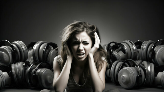 ligyrophobia: the visceral response to overwhelming sounds, captured in ultra-realistic detail, showing the stark contrast of fear in everyday situations - generated with AI