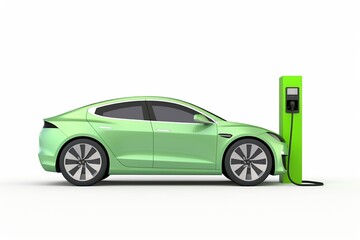 In the realm of eco-friendly transport, a modern electric vehicle stands connected to a charging station, highlighting the marriage of advanced green technology in isolated, clean, and efficient surro