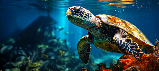 Beautiful sea turtle underwater web banner with copyspace