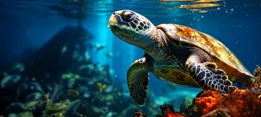 Poster Beautiful sea turtle underwater web banner with copyspace © Kseniya