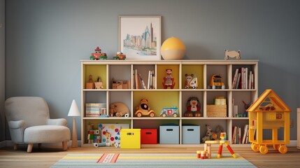 A clean and organized child's playroom with toys, books, and a play area. - obrazy, fototapety, plakaty