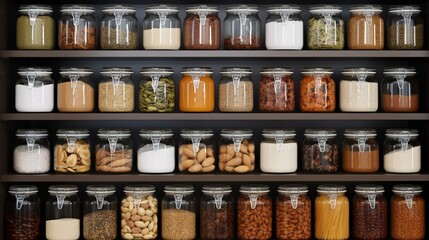 A clean and organized pantry with neatly labeled jars and containers.