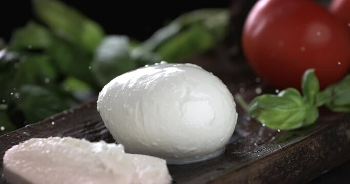 Slow motion macro of splashing liquid milk drops are falling on composition of fresh organic tomatoes, basil and mozzarella buffalo cheese on wooden cut board in kitchen of restaurant.