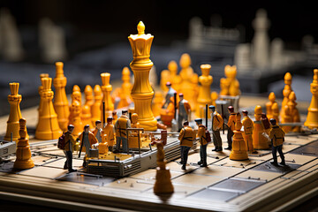 A chess board with many pieces of chess on it - obrazy, fototapety, plakaty