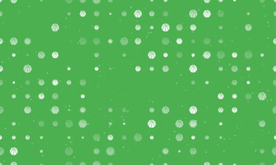 Seamless background pattern of evenly spaced white basketball symbols of different sizes and opacity. Vector illustration on green background with stars