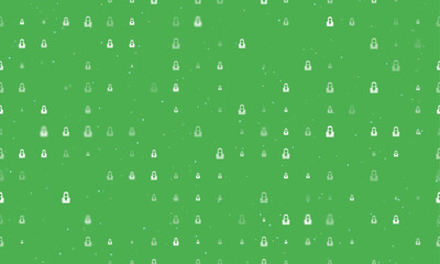 Seamless background pattern of evenly spaced white business woman symbols of different sizes and opacity. Vector illustration on green background with stars