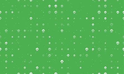 Seamless background pattern of evenly spaced white cloud technology symbols of different sizes and opacity. Vector illustration on green background with stars