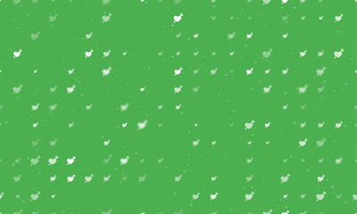 Seamless background pattern of evenly spaced white cupid arrow symbols of different sizes and opacity. Vector illustration on green background with stars