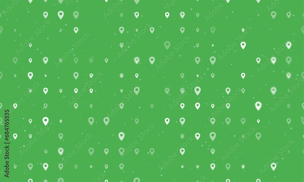 Poster seamless background pattern of evenly spaced white location symbols of different sizes and opacity. 