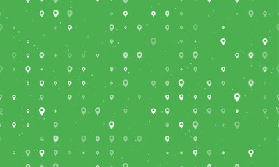 Seamless background pattern of evenly spaced white location symbols of different sizes and opacity. Vector illustration on green background with stars