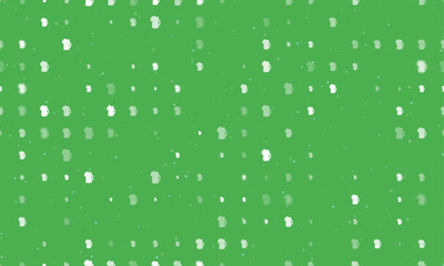 Seamless background pattern of evenly spaced white mug beer symbols of different sizes and opacity. Vector illustration on green background with stars