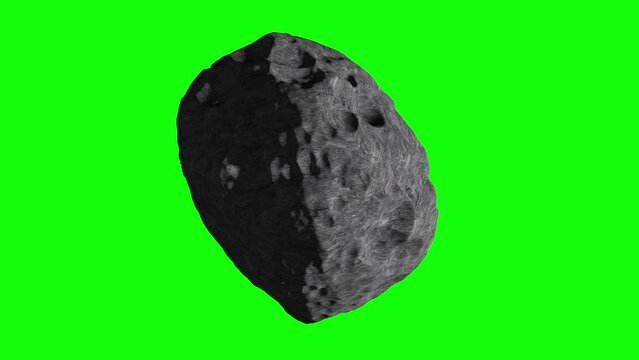 Asteroid on a green screen. Asteroid or meteor huge space rock isolated on green screen. The asteroid flies and rotates slowly on chromakey background. 4k video.
