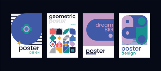 Bauhaus style geometric posters. Cover templates with abstract geometry, vector set.