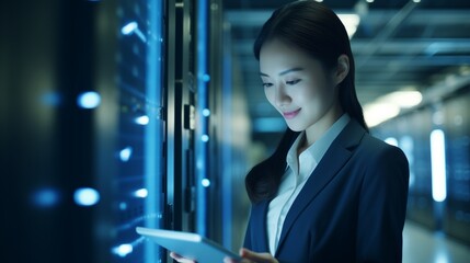 Asian Woman with tablet,datacenter and information technology, engineer and server room with software update.Tech industry, cybersecurity and network with Asian female setting up firewall and database