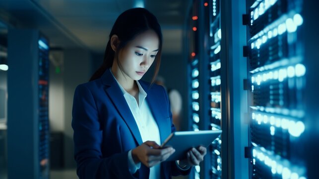 Asian Woman with tablet,datacenter and information technology, engineer and server room with software update.Tech industry, cybersecurity and network with Asian female setting up firewall and database