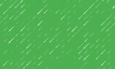 Seamless background pattern of evenly spaced white sword symbols of different sizes and opacity. Vector illustration on green background with stars