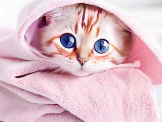 Cute cat wrapped in a bath towel ai generated