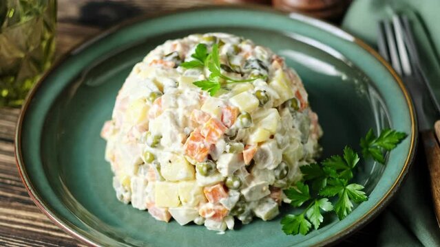 Russian salad, Olivier salad with boiled potato and carrot, chicken meat, pickled cucumber, green pea, onion and mayonnaise. Stock footage video 4k