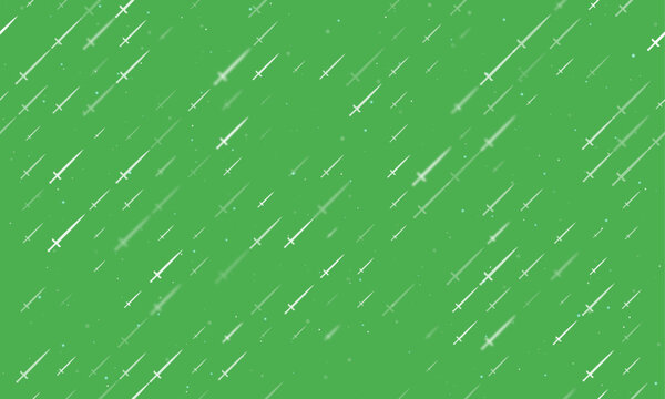 Seamless background pattern of evenly spaced white sword symbols of different sizes and opacity. Vector illustration on green background with stars