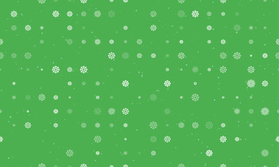Seamless background pattern of evenly spaced white wheel symbols of different sizes and opacity. Vector illustration on green background with stars
