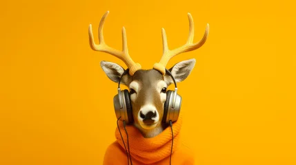 Poster Funny deer wearing headphones and listening to music on yellow background © Karim Boiko