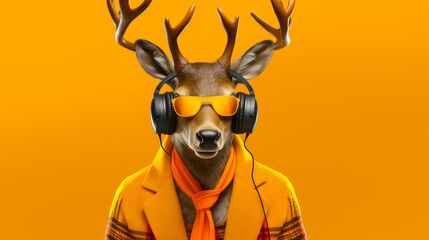 Funny deer wearing headphones and listening to music on yellow background - obrazy, fototapety, plakaty