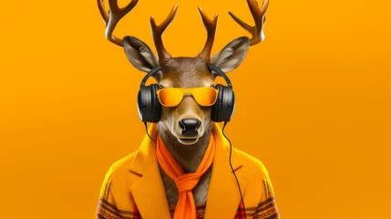 Zelfklevend Fotobehang Funny deer wearing headphones and listening to music on yellow background © Karim Boiko