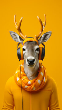 Funny deer wearing headphones and listening to music on yellow background