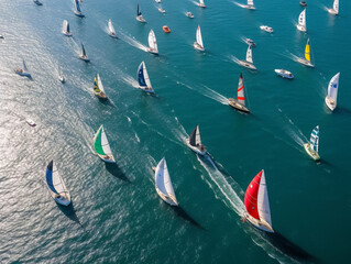 Vivid aerial shot captures bustling sailing regatta amid sunny skies and sparkling waters. - obrazy, fototapety, plakaty
