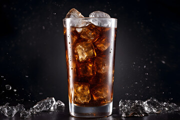 Glass of iced coffee or cola isolated on black background. Promotional commercial food photo