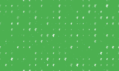 Seamless background pattern of evenly spaced white cactus symbols of different sizes and opacity. Vector illustration on green background with stars
