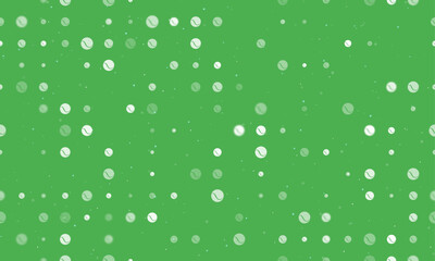 Seamless background pattern of evenly spaced white tennis balls of different sizes and opacity. Vector illustration on green background with stars