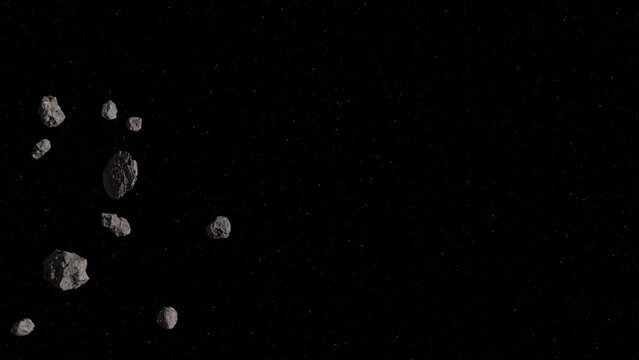 Animation of asteroids field in deep space, close view. Asteroids field and starry background. 4K video.
