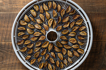 Dry pitted plums on a drying tray for dehydrator, closeup. A way to preserve vitamins. Vegetarian...