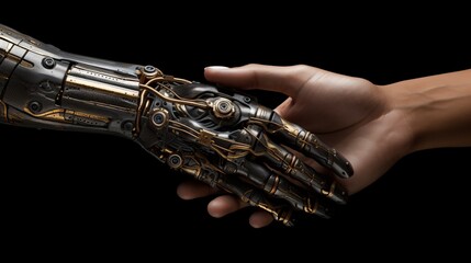 Handshake - human and artificial hand, depicting the symbolic connection between humans and technology