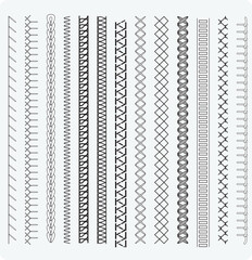 Seamless sewing stitch brush vector illustrator set, different types of machine stitch brush pattern for fasteners, dresses garments, bags, Fashion illustration, Clothing and Accessories - obrazy, fototapety, plakaty