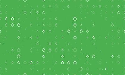 Seamless background pattern of evenly spaced white diamond ring symbols of different sizes and opacity. Vector illustration on green background with stars