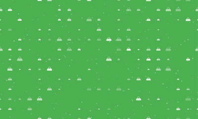 Seamless background pattern of evenly spaced white sports bag symbols of different sizes and opacity. Vector illustration on green background with stars