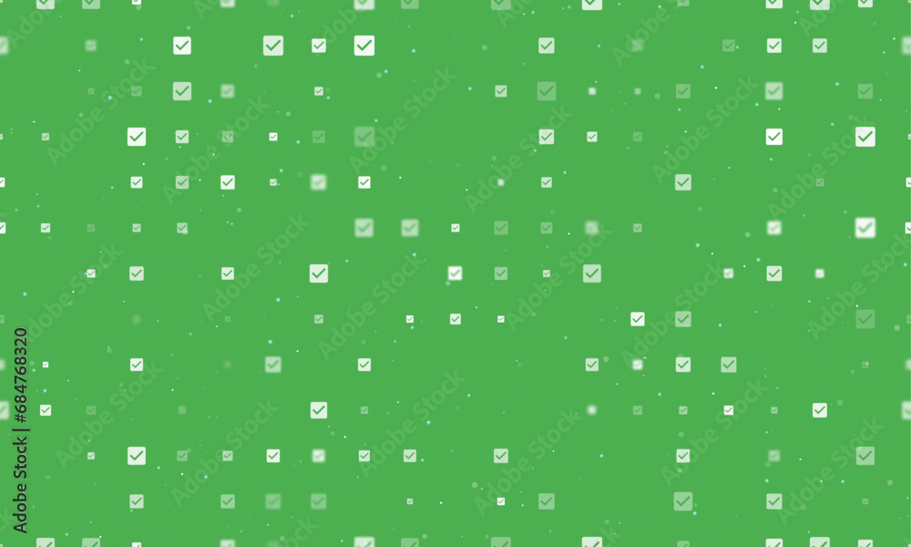 Poster seamless background pattern of evenly spaced white checkbox symbols of different sizes and opacity. 