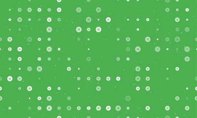 Seamless background pattern of evenly spaced white pause symbols of different sizes and opacity. Vector illustration on green background with stars
