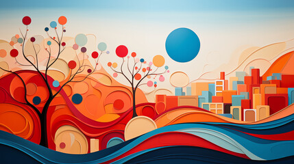 an abstract visualization symbolizing communities adapting to climate change, using bold colors and dynamic shapes to represent resilience, innovation, and sustainable practices
