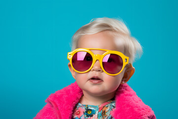 a year baby in bright sunglasses facing camera, isolated on pink and yellow backgrounds, in the style of spectacular show of ages, grandparentcore, shaped canvas, photo-realistic hyperbole