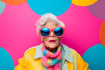 funny grandma wearing sunglasses, in the style of color-blocking abstraction, light yellow and pink