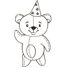 Black and white vector illustration in doodle style. Cute little bear celebrating his birthday. Bear jumping in confetti with a piece of cake. Children illustration for birthday celebration. Vector