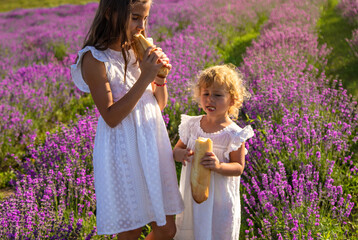 Children eat a baguette in a lavender field. Selective focus.