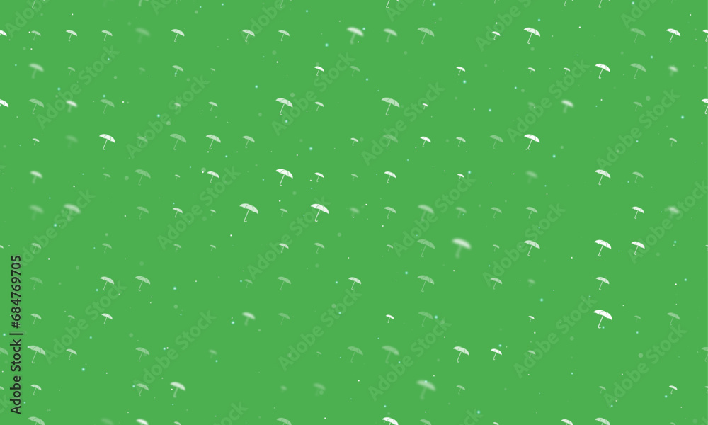 Poster seamless background pattern of evenly spaced white umbrella symbols of different sizes and opacity. 