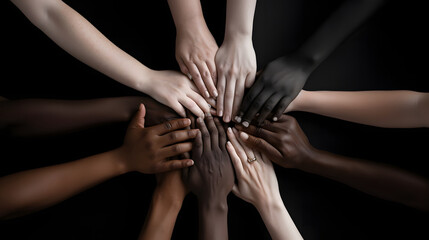 Group of multiethnic people joining hands in circle, black background. Many hands of different races and ethnicities. - obrazy, fototapety, plakaty