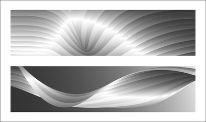 Monochrome cover design, abstract background. Wavy silver parallel gradient lines, ribbons, silk. Set of 2 backgrounds. Black and white with shades of gray banner, poster. eps vector