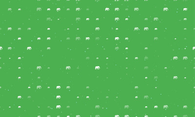 Seamless background pattern of evenly spaced white elephant symbols of different sizes and opacity. Vector illustration on green background with stars